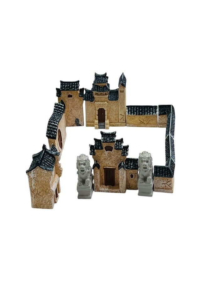 Krisah13pcs Resin Mini Chinese Ancient Architecture Model Set, Traditional House with Guardian Lions, Decorative Display Piece - Image 1